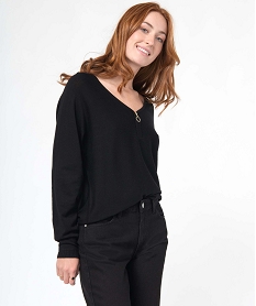 GEMO Pull col V zippé et manches chauve-souris femme noir standard