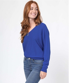 GEMO Pull col V zippé et manches chauve-souris femme Bleu