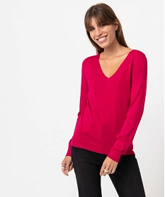 GEMO Pull femme en maille fine à col V Rose