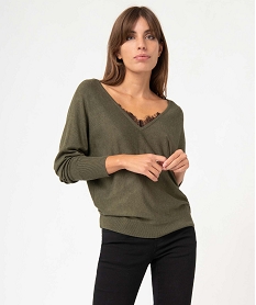 GEMO Pull femme en maille fine avec double col V bordé de dentelle kaki standard