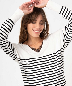 GEMO Pull femme rayé en maille fine avec double col V bordé de dentelle blanc chine