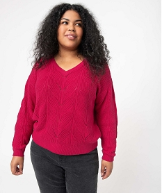 GEMO Pull femme grande taille en maille ajourée fantaisie et col V Rose