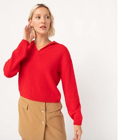 GEMO Pull femme coupe courte avec grand col Rouge