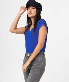 tee-shirt femme a manches courtes avec col v en dentelle bleu t-shirts manches courtesI682401_1