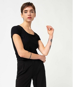 tee-shirt femme en maille cotelee coupe courte noirI688601_1