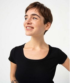 tee-shirt femme en maille cotelee coupe courte noirI688601_2