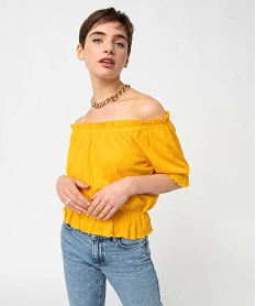 tee-shirt femme a manches courtes avec finitions froncees jauneI690101_1