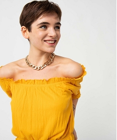 tee-shirt femme a manches courtes avec finitions froncees jauneI690101_2