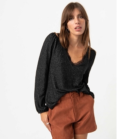 GEMO Pull femme en maille douce à col V en dentelle noir vif