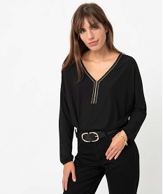 GEMO Tee-shirt femme à manches longues et encolure fantaisie noir standard