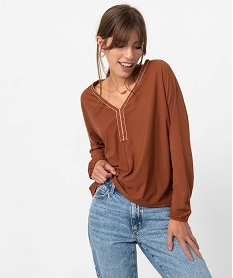 GEMO Tee-shirt femme à manches longues et encolure fantaisie marron standard