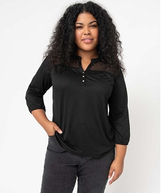 GEMO Tee-shirt femme grande taille à dentelle et manches 34 Noir