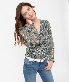 GEMO Tee-shirt femme imprimé à manches longues en voile et volants vert standard