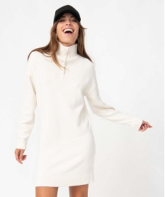 GEMO Robe pull femme avec col montant boutonné blanc chine