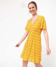 GEMO Robe femme en maille plissée avec col en V Jaune