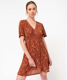 GEMO Robe femme en maille plissée avec col en V Imprimé