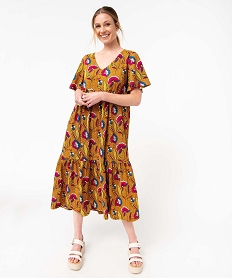 GEMO Robe femme imprimée à manches courtes et volants Jaune