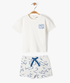 GEMO Ensemble bébé garçon 2 pièces : short + tee-shirt en éponge Blanc