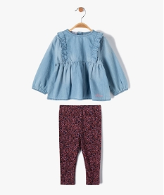 ensemble bebe fille 2 pieces   blouse en jean et legging fleuri - lulucastagnette bleuI735401_1