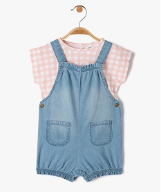 GEMO Ensemble bébé fille 2 pièces : salopette courte + tee-shirt à carreaux Bleu