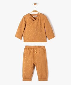 GEMO Ensemble bébé 2 pièces : cache-cœur + pantalon en double gaze à pois dorés Brun