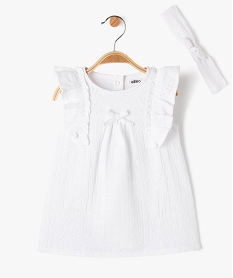 GEMO Ensemble bébé fille 2 pièces : robe + bandeau à cheveux en dentelle anglaise Blanc