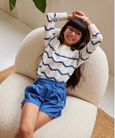 GEMO Pull fille à motifs vagues en maille ajourée - LuluCastagnette blanc chine