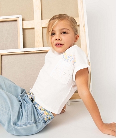 GEMO Tee-shirt fille loose à poche en dentelle anglaise blanc chine