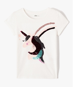 GEMO Tee-shirt fille à manches coutes et motif en sequins réversibles blanc vif