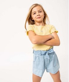 GEMO Tee-shirt fille à manches courtes avec fleurs brodées Jaune