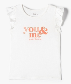 GEMO Tee-shirt fille avec inscription pailletée et volants sur les épaules blanc chine