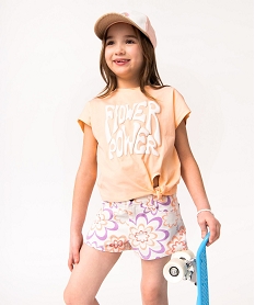 GEMO Tee-shirt fille coupe ample noué dans le bas orange vif