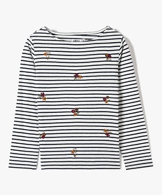GEMO Tee-shirt fille rayé à manches longues avec broderies fleuries noir chine