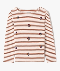 GEMO Tee-shirt fille rayé à manches longues avec broderies fleuries marron standard