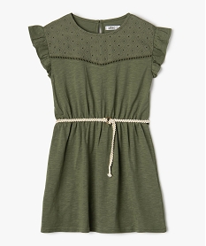 GEMO Robe fille en maille avec buste brodé et manches à volants kaki standard