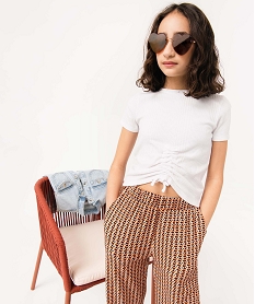 GEMO Tee-shirt fille en maille côtelée avec cordons coulissant sur l’avant blanc standard