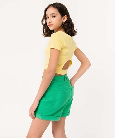 GEMO Tee-shirt fille en maille côtelée coupe courte jaune standard