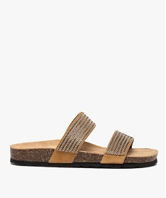 GEMO Mules femme plates à semelle liège et brides strass Brun