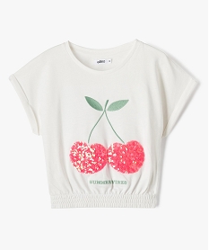 GEMO Tee-shirt fille à manches courtes avec motif en sequins brodés blanc chine