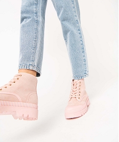 GEMO Baskets femme mid-cut en toile unie à semelle crantée Rose