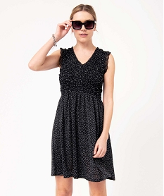 GEMO Robe femme en maille fluide à smocks et volants Imprimé