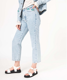 jean coupe droite a taille haute en denim delave avec broderie femme bleu taille hauteI899801_1