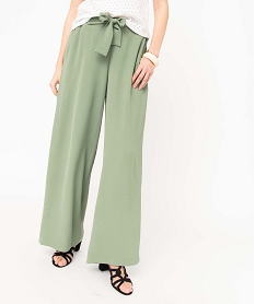 GEMO Pantalon femme en crêpe fluide à ceinture élastique et brides à nouer Vert