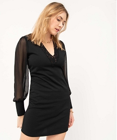 GEMO Robe femme droite en maille à manches longues tansparentes Noir