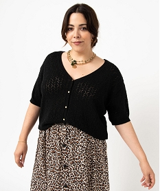 GEMO Gilet à manches courtes en maille ajourée femme grande taille noir vif