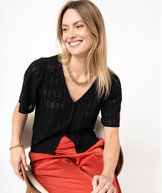 GEMO Chemise à manches courtes en maille ajourée femme Noir