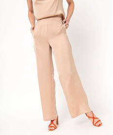 GEMO Pantalon large et fluide taille haute en satin femme Beige