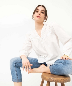 GEMO Blouse femme à boutons et plastron dentelle Beige