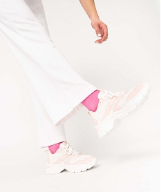 GEMO Baskets femme style running bicolores à semelle épaisse rose vif