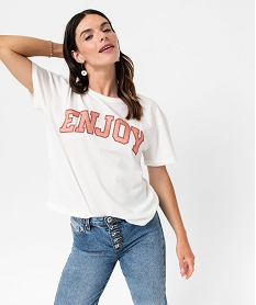 GEMO Tee-shirt à manches courtes avec message pailleté femme Blanc